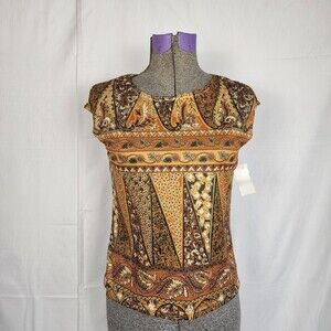 SODA BLU Y2K Vintage Stretch Cap Sleeve Shirt Gold Paisley Size M